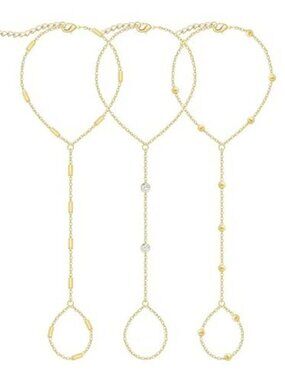 3Pcs 14K Gold‎ Plated Hand Chain Bracelets for Women-Dainty Ring Bracelet Hand